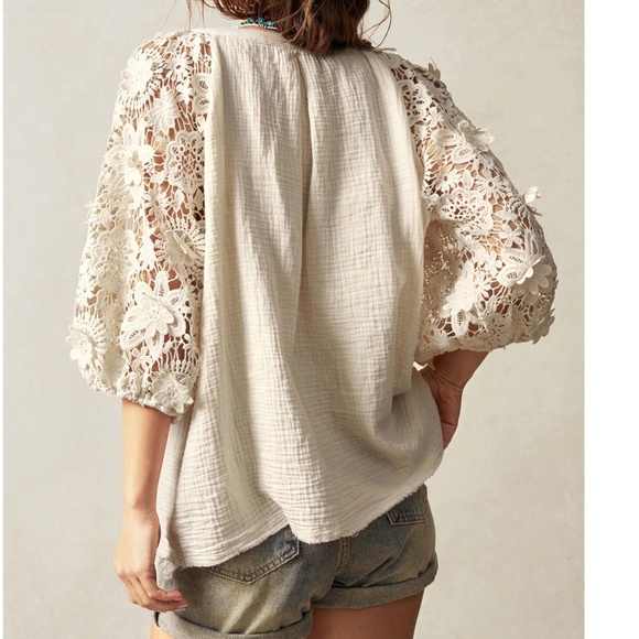 Boho Cotton Floral Embroidered Semi Sheer Puff Sleeve Blouse - Picture 6 of 8